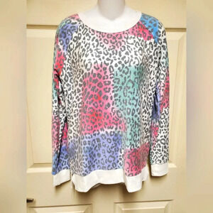 CHASER Cozy Super Soft Painted Leopard Pullover Sweatshirt Ribbed Hem Size L